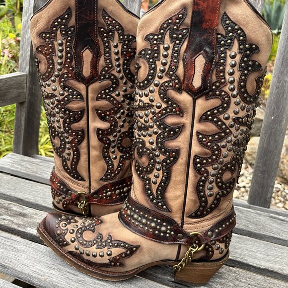 Corral Women's Sand/Overlay w/ Studs Brown Leather Boots!  Gorgeous! Size 7 1/2 - Picture 8 of 16